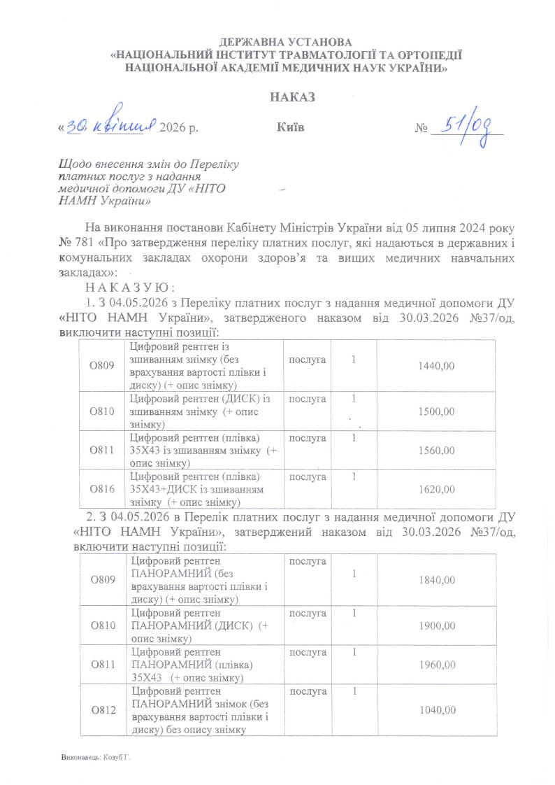 Наказ №51/од від 30.04.2026 Щодо внесення змін до Переліку платних послуг з надання медичної допомоги ДУ «НІТО НАМН України». 